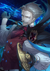 Rule 34 | 1boy, absurdres, black gloves, blue eyes, cape, commentary request, facial hair, fate/grand order, fate (series), formal, gloves, grey hair, highres, holding, holding stick, james moriarty (archer) (fate), long sleeves, looking at viewer, male focus, mustache, old, old man, short hair, smile, solo, sparkle, stick, suzuki rui, upper body, vest