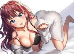 Rule 34 | 10s, 1girl, :3, all fours, blue eyes, breasts, brown hair, ichinose shiki, idolmaster, idolmaster cinderella girls, long hair, looking at viewer, off shoulder, open mouth, smile, solo, takeashiro