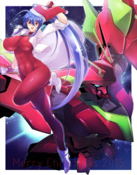 Rule 34 | 10s, 1girl, 2015, ahoge, ankle boots, arm up, blue hair, bodysuit, boots, breasts, christmas, clenched hand, covered erect nipples, covered navel, dated, female focus, fingerless gloves, from side, full body, gloves, glowing, haganef, hair between eyes, happy, hat, high heel boots, high heels, high ponytail, holding, impossible bodysuit, impossible clothes, jacket, large breasts, leg up, long hair, looking at viewer, mecha, merry christmas, open clothes, open jacket, open mouth, original, ponytail, red eyes, red gloves, robot, sack, santa hat, shiny clothes, shizune(haganef), shizune(original), sidelocks, skin tight, sky, sleeves rolled up, smile, solo, space, star (sky), starry sky, thrusters, turtleneck, very long hair