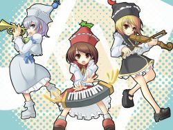 Rule 34 | 3girls, :o, blonde hair, blue eyes, bow (music), brown eyes, brown hair, female focus, hat, holding, holding bow (music), instrument, keyboard (instrument), light purple hair, lunasa prismriver, lyrica prismriver, mary janes, merlin prismriver, multiple girls, no socks, outstretched arms, outstretched hand, platform footwear, shoes, siblings, sisters, touhou, trumpet, violin, wapokichi, yellow eyes