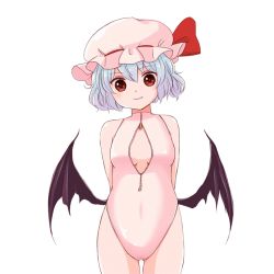 Rule 34 | 1girl, arms behind back, bat wings, batta (ijigen debris), blue hair, bow, cropped legs, fang, hat, looking at viewer, one-piece swimsuit, pink hat, pink one-piece swimsuit, red bow, red eyes, remilia scarlet, short hair, smile, solo, standing, swimsuit, touhou, transparent background, wings