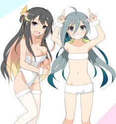 Rule 34 | 10s, 2girls, ahoge, animal costume, bad id, bad pixiv id, ball (minicake), black hair, breasts, fang, flat chest, grey hair, grin, horns, kantai collection, kiyoshimo (kancolle), long hair, medium breasts, multicolored hair, multiple girls, naganami (kancolle), open mouth, pink hair, ribbon, scrunchie, sheep costume, sheep horns, smile, thighhighs, twintails, wrist scrunchie