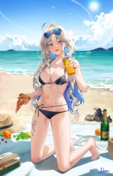 1girl ahoge bare_arms bare_legs bare_shoulders barefoot beach bikini black_bikini blue-tinted_eyewear blue_eyes blue_hair blue_sky breasts butterfly_tattoo champagne_bottle cherry cleavage cloud colored_inner_hair commentary_request cup day disposable_cup drink drinking_straw earphones earrings eyewear_on_head feet fingernails food fruit gluteal_fold grapes grey_hair hat highres holding holding_cup holding_food holding_pizza horizon island jewelry kneeling large_breasts leg_tattoo long_fingernails long_hair looking_at_viewer mole mole_on_thigh multicolored_hair naru_0 ocean orange_(fruit) original outdoors parted_lips pizza pizza_box pizza_slice sandals shadow shore signature simple_bird sky solo straw_hat stud_earrings sun sunglasses swimsuit tattoo teeth tinted_eyewear toenails toes tongue tongue_out unworn_footwear upper_teeth_only very_long_hair water water_drop wet