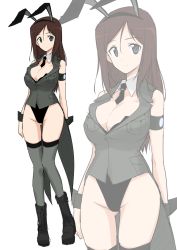 Rule 34 | 10s, 1girl, adapted uniform, animal ears, armband, between breasts, boots, breasts, brown hair, cleavage, coattails, detached collar, emblem, fake animal ears, full body, girls und panzer, grey eyes, hair between eyes, hairband, halcon, jacket, large breasts, leotard, long hair, looking at viewer, megumi (girls und panzer), necktie, necktie between breasts, playboy bunny, rabbit ears, selection university military uniform, simple background, sleeveless, smile, solo, thighhighs, white background, wrist cuffs, zoom layer