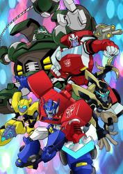Rule 34 | 5boys, arm cannon, autobot, axe, ball and chain (weapon), bulkhead, bumblebee, clenched hands, cover, cover page, derrick j. wyatt, highres, holding, holding axe, horns, insignia, manga cover, mecha, multiple boys, no humans, official art, open hand, open mouth, optimus prime, parted lips, prowl (transformers), ratchet (transformers), robot, science fiction, transformers, transformers animated, tsushima naoto, weapon