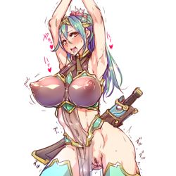 Rule 34 | 1girl, aqua hair, aqua thighhighs, armpits, arms up, blush, breasts, cowboy shot, drooling, female pubic hair, has bad revision, has censored revision, huge breasts, impossible clothes, long hair, looking at viewer, navel, nipples, no panties, orange eyes, original, pelvic curtain, ponytail, pubic hair, puffy areolae, pussy, pussy juice, pussy juice drip, see-through, sheath, sheathed, simple background, solo, standing, sweat, sword, thighhighs, trembling, uncensored, weapon, white background, yamada (gotyui)