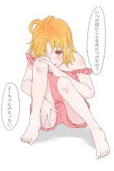 Rule 34 | 1girl, ahoge, bare shoulders, barefoot, blush, camisole, commentary request, frilled camisole, frilled shorts, frills, hickey, highres, implied yuri, kashikaze, knees up, looking at viewer, love live!, love live! sunshine!!, medium hair, orange hair, pajamas, parted lips, pink camisole, pink pajamas, pink shorts, red eyes, shorts, sidelocks, simple background, sitting, solo, speech bubble, strap slip, takami chika, translation request, white background