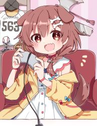 Rule 34 | 1girl, :3, :d, animal collar, animal ears, blush, bone hair ornament, braid, brown eyes, brown hair, chibi, collar, controller, dog ears, dog girl, dog tail, dress, extra ears, fang, game controller, hair between eyes, hair ornament, hairclip, holding, holding controller, holding game controller, hololive, indoors, inugami korone, inugami korone (1st costume), jacket, long hair, looking at viewer, loose socks, low twin braids, low twintails, off shoulder, open clothes, open jacket, open mouth, rabiiandrain, red collar, short dress, sleeveless, sleeveless dress, smile, socks, solo, tail, twin braids, twintails, v-shaped eyebrows, virtual youtuber, yellow jacket
