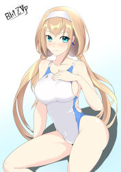 Rule 34 | 1girl, blitzvp, blonde hair, breasts, competition swimsuit, hair behind ear, hairband, highres, large breasts, low twintails, mitsuba greyvalley, one-piece swimsuit, simple background, solo, super robot wars, super robot wars 30, swimsuit, twintails, white background, white hairband