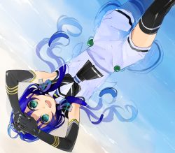 Rule 34 | 10s, 1girl, :d, ahoge, aqua eyes, arms up, bad id, bad pixiv id, black gloves, black thighhighs, blue hair, elbow gloves, gloves, hita (hitapita), hitapita, kantai collection, long hair, looking at viewer, low twintails, lying, neckerchief, open mouth, ribbon, school uniform, serafuku, smile, solo, suzukaze (kancolle), thighhighs, twintails, water