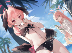 Rule 34 | 2girls, ahoge, bikini, bird, birthmark, black bikini, black wings, blue archive, blue sky, blush, breasts, cleavage, closed mouth, cloud, cloudy sky, collared shirt, commentary, doongdang, double-parted bangs, dutch angle, feathered wings, floral print bikini, front-tie bikini top, front-tie top, green eyes, halo, hanako (blue archive), hanako (swimsuit) (blue archive), head wings, highres, horizon, koharu (blue archive), koharu (swimsuit) (blue archive), large breasts, light frown, long hair, long sleeves, low twintails, low wings, multiple girls, navel, official alternate costume, official alternate hairstyle, outdoors, palm tree, pink eyes, pink hair, pink halo, puffy long sleeves, puffy sleeves, seagull, shirt, sky, smile, stomach, sunlight, sweat, swimsuit, symbol-only commentary, tree, twintails, white shirt, wings
