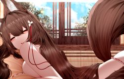 Rule 34 | 1girl, absurdres, amagi (azur lane), animal ears, azur lane, bare shoulders, bikini, blush, breasts, brown hair, closed eyes, dated commentary, day, fox ears, fox girl, fox tail, highres, indoors, large breasts, long hair, open mouth, pillow, ribbon-trimmed bikini, samip, sideboob, solo, swimsuit, tail, untied bikini, very long hair, window