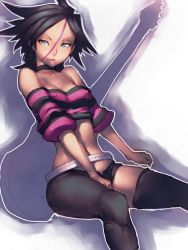 Rule 34 | 1girl, aqua eyes, bare shoulders, belt, black hair, breasts, choker, clenched hands, covered erect nipples, fumio (rsqkr), guitar, heroman, holly jones, instrument, looking at viewer, midriff, multicolored hair, no bra, shirt, short hair, small breasts, smile, solo, striped clothes, striped shirt
