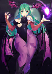 Rule 34 | 1girl, animal print, bat print, bat wings, blurry, blurry background, blush, breasts, bridal gauntlets, cleavage, clothing cutout, commentary, covered erect nipples, demon girl, depth of field, green eyes, green hair, head wings, heart cutout, highres, kagematsuri, leotard, long hair, looking at viewer, low wings, medium breasts, moon, morrigan aensland, night, open mouth, pantyhose, parted bangs, print pantyhose, purple pantyhose, purple wings, simple background, solo, twitter username, vampire (game), wings