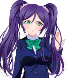 Rule 34 | 10s, 1girl, :o, alternate hairstyle, blazer, blush, bow, bowtie, breasts, commentary request, green bow, green bowtie, green eyes, hair between eyes, hair ornament, hair scrunchie, highres, jacket, large breasts, long hair, looking at viewer, love live!, love live! school idol project, otonokizaka school uniform, purple hair, school uniform, scrunchie, solo, striped bow, striped bowtie, striped clothes, striped neckwear, tojo nozomi, twintails, wewe