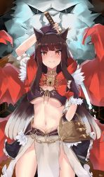 Rule 34 | 1girl, absurdres, animal ears, arm up, bad id, bad pixiv id, breasts, brown hair, cape, choker, cowboy shot, crop top, fangs, fur trim, gold trim, gradient hair, hand up, highres, holding, holding sword, holding weapon, kureha (666) (sound voltex), kureha (sound voltex), little red riding hood, lock, long hair, looking at viewer, medium breasts, midriff, multicolored hair, mushpz, nail polish, navel, padlock, pelvic curtain, picnic basket, red eyes, short sleeves, smile, solo, sound voltex, stomach, sword, thighs, underboob, very long hair, weapon, wolf ears