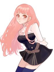Rule 34 | 1girl, alternate hairstyle, belt, blue thighhighs, blunt bangs, buttons, chimney (chimney0311), commentary, fire emblem, fire emblem: three houses, garreg mach monastery uniform, hair down, highres, hilda valentine goneril, long hair, looking at viewer, nintendo, pink eyes, pink hair, pout, simple background, solo, symbol-only commentary, thighhighs, white background