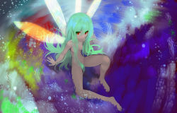 Rule 34 | 1girl, bad id, bad pixiv id, breasts, colorful, fairy, fairy wings, green hair, highres, ladic, long hair, navel, nude, original, red eyes, sitting, small breasts, solo, very long hair, wings