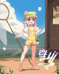 Rule 34 | 1girl, absurdres, animal ears, animal hat, bakaring, barefoot, bear ears, blue eyes, brown hat, brown overalls, bug, bus stop, butterfly, butterfly net, cloud, commission, fake animal ears, feet, full body, hand net, hand on own hip, hat, highres, insect, legs, long hair, low twintails, maplestory, mushroom, net, open mouth, original, outdoors, overall shorts, overalls, shirt, short sleeves, silver hair, sky, smile, solo, toes, twintails, white shirt