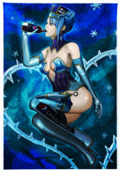 Rule 34 | 10s, 1girl, bare shoulders, blue eyes, blue hair, blue rose (tiger &amp; bunny), boots, breasts, cielociel, cleavage, earrings, elbow gloves, gloves, gun, hat, high heels, jewelry, karina lyle, legs, lipstick, long legs, makeup, matching hair/eyes, pepsi nex, product placement, see-through, shoes, short hair, solo, superhero costume, thigh boots, thighhighs, thighs, tiger &amp; bunny, weapon