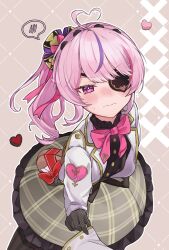 Rule 34 | 1girl, ahoge, arm behind back, blush, box, box of chocolates, chocolate, commentary, eyepatch, fishnet gloves, fishnets, food, gloves, heart, heart-shaped box, heart ahoge, highres, holding, holding chocolate, holding food, looking at viewer, maria marionette, mono01120, multicolored hair, nijisanji, nijisanji en, nose blush, pink eyes, pink hair, ponytail, pov, shirt grab, speech bubble, streaked hair, sweatdrop, symbol-only commentary, virtual youtuber