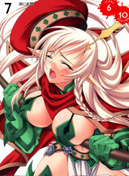 Rule 34 | 00s, 1girl, alleyne (queen&#039;s blade), alleyne (queen's blade), beret, blush, braid, breast press, breasts, cape, cleavage, closed eyes, elbow gloves, elf, fighting master alleyne, gloves, hat, highres, large breasts, long hair, matsuryuu, midriff, open mouth, pointy ears, queen&#039;s blade, side braid, solo, surprised, tears, thighhighs
