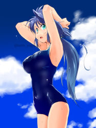 Rule 34 | 1girl, aqua eyes, armpits, arms behind head, arms up, blue hair, breasts, fang, green eyes, large breasts, long hair, one-piece swimsuit, open mouth, original, school swimsuit, solo, standing, swimsuit, yagisaka seto