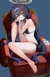 Rule 34 | 1girl, absurdres, bare legs, barefoot, bikini, black bikini, black hair, blue archive, blue background, blush, breasts, glasses, hair between eyes, halo, head tilt, highres, kaminose (user veum4325), long hair, looking at viewer, navel, no cardigan, o-ring, o-ring bikini, purple eyes, round eyewear, simple background, sitting, small breasts, solo, stomach, swimsuit, toes, ui (blue archive), ui (swimsuit) (blue archive), v, very long hair