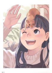 Rule 34 | 1girl, absurdres, black eyes, black hair, hamster, highres, long hair, non-web source, object on head, one eye closed, pale color, smile, solo, sweater, takamichi, wink