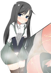 Rule 34 | 1girl, arm warmers, asashio (kancolle), ass, between legs, black hair, black thighhighs, blue eyes, blush, female focus, green skirt, hand between legs, have to pee, kantai collection, long hair, looking to the side, minamimachi naname, multiple views, own hands together, panties, pee stain, peeing, peeing self, pleated skirt, shiny skin, shirt, short sleeves, simple background, skirt, standing, steam, suspenders, thighhighs, underwear, upskirt, v arms, wet, wet clothes, wet panties, wet skirt, white background, white panties, white shirt, zettai ryouiki