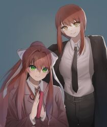 Rule 34 | 2girls, belt, black belt, black necktie, black pants, blazer, book, bow, braid, braided ponytail, breasts, brown hair, brown jacket, business suit, chainsaw man, closed mouth, collared shirt, crossover, doki doki literature club, formal, green eyes, hair bow, hair ribbon, high-waist pants, highres, holding, holding book, jacket, leeyanyan43, long hair, long sleeves, looking at viewer, makima (chainsaw man), medium hair, monika (doki doki literature club), multiple girls, necktie, pants, ponytail, red hair, red ribbon, ribbon, ringed eyes, school uniform, shirt, shirt tucked in, sidelocks, smile, suit, very long hair, white bow, white ribbon, white shirt, yellow eyes