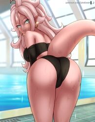 Rule 34 | 1girl, absurdres, android 21, arc system works, artist name, ass, ass focus, bare shoulders, bent over, blue eyes, blurry, blurry background, colored skin, dragon ball, dragon ball fighterz, earrings, female focus, gold earrings, highres, hoop earrings, huge ass, indoors, jewelry, long hair, looking at viewer, looking back, parted lips, patreon logo, patreon username, pea-bean, pink skin, pink tail, pointy ears, pool, poolside, sidelocks, solo, standing, teeth, very long hair, water, wet, white hair