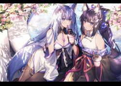 Rule 34 | 2girls, animal ears, bare shoulders, black hair, braid, breasts, cleavage, commentary request, coyucom, day, drinking, drinking straw, fox ears, fox girl, fox tail, gloves, hair between eyes, large breasts, letterboxed, long hair, multiple girls, original, outdoors, purple eyes, simple background, tail, thighhighs, white hair