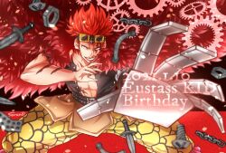 Rule 34 | 1boy, abs, aiming, aiming at viewer, birthday, character name, choco spica, commentary request, dated, eustass kid, gears, goggles, goggles on head, hair up, knife, male focus, mechanical arms, nail, one piece, pants, red background, red hair, scar, scar on arm, scar on face, short hair, single mechanical arm, solo, yellow pants