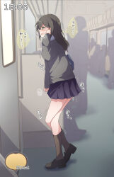Rule 34 | 1girl, arm at side, bag, black footwear, black hair, bladder, blue skirt, blush, breath, bright pupils, brown socks, clenched hand, crossed legs, door, embarrassed, female focus, from side, full body, green eyes, grey sweater, hand grip, hand up, have to pee, heavy breathing, highres, indoors, japanese text, kneehighs, leaning forward, legs, long hair, miniskirt, open mouth, original, pee, pleated skirt, profile, raised eyebrows, school uniform, shoes, shoulder bag, sidelocks, sideways mouth, silhouette, skirt, socks, solo focus, standing, sweat, sweater, tears, thighs, timestamp, train interior, translation request, trembling, urine meter, watakarashi, white pupils, window