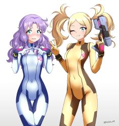 Rule 34 | 2girls, absurdres, blonde hair, blue bodysuit, blush, bodysuit, breasts, cosplay, covered navel, fire emblem, fire emblem: the blazing blade, florina (fire emblem), green eyes, grey eyes, grin, gun, hair tubes, highres, holding, holding gun, holding weapon, index fingers together, jarckius, lissa (fire emblem), metroid, multiple girls, nintendo, one eye closed, purple hair, samus aran, samus aran (cosplay), sidelocks, small breasts, smile, twintails, twitter username, v, weapon, yellow bodysuit, zero suit