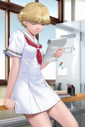 Rule 34 | 1girl, arm at side, arm support, bare arms, blonde hair, breasts, closed eyes, closed mouth, cowboy shot, dress, frown, holding, indoors, ino (magloid), locker, medium breasts, mu soft, neckerchief, notebook, otome function, pleated dress, reading, red neckerchief, sailor collar, sailor dress, school uniform, serafuku, short dress, short hair, short sleeves, solo, tatiana vasilievna stalina, white dress, window