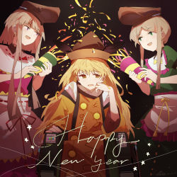 Rule 34 | 3girls, apron, black background, blonde hair, bow, brown hair, brown headwear, cape, chair, collar, confetti, detached sleeves, dress, green dress, green eyes, green sleeves, hair between eyes, hako (misheyes), hand up, hands up, hat, highres, long hair, long sleeves, looking at another, matara okina, multiple girls, nishida satono, open mouth, orange cape, orange sleeves, pink dress, pink sleeves, puffy short sleeves, puffy sleeves, purple eyes, red bow, shirt, short hair, short sleeves, signature, silver hair, simple background, sitting, standing, star (symbol), sun symbol, teireida mai, touhou, white apron, white collar, white shirt, yellow bow, yellow eyes