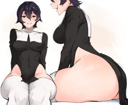 Rule 34 | 1girl, ass, ass focus, black hair, blush, borrowed character, breasts, brown eyes, commission, covered navel, highres, huge ass, kenshin187, looking at viewer, medium breasts, nerine (explosifchoker), nun, open mouth, original, short hair, skin tight, smile, solo, thick thighs, thighhighs, thighs, white thighhighs, wide hips