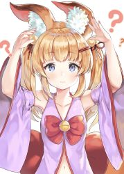 Rule 34 | 1boy, ?, animal ear fluff, animal ears, armpits, arms up, bare shoulders, bell, blue eyes, blush, bow, bowtie, closed mouth, commentary request, detached sleeves, fox ears, hair ornament, hairclip, hands up, highres, jingle bell, kemomimi oukoku kokuei housou, long hair, looking at viewer, male focus, mikoko (kemomimi oukoku kokuei housou), navel, red bow, red bowtie, sibyl, simple background, solo, twintails, virtual youtuber, white background, wide sleeves
