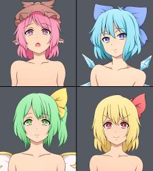 Rule 34 | 4girls, absurdres, blonde hair, blue eyes, blue hair, breasts, cirno, collarbone, commentary request, daiyousei, don&#039;t say &quot;lazy&quot;, fairy wings, flat chest, frown, green eyes, green hair, hair ribbon, hat, highres, ice, ice wings, k-on!, mob cap, multiple girls, mystia lorelei, nude, one side up, out-of-frame censoring, parody, pink eyes, pink hair, red eyes, ribbon, rumia, small breasts, smile, suwaneko, team 9, touhou, upper body, v-shaped eyebrows, wings
