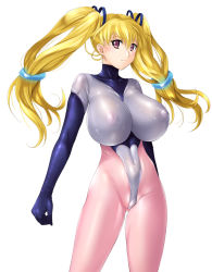 Rule 34 | 00s, 1girl, akai ibara, arm behind back, blonde hair, bodysuit, breasts, cohagen nanaho, covered erect nipples, covered navel, cowboy shot, hair between eyes, hair ornament, hair ribbon, highleg, huge breasts, impossible clothes, light smile, long hair, looking at viewer, low-tied long hair, navel, official art, pink eyes, puffy nipples, ribbon, shiny clothes, simple background, skin tight, smile, solo, standing, turtleneck, twintails, white background, zundarepon