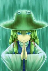 Rule 34 | 1girl, blonde hair, blue eyes, blue vest, brown hat, closed mouth, colored eyelashes, commentary request, green background, hair ribbon, hat, highres, long hair, long sleeves, looking at viewer, moriya suwako, own hands together, parted bangs, praying, rain, red ribbon, ribbon, shaded face, shirt, smile, solo, touhou, turtleneck, upper body, vest, wasabichan, white shirt, wide sleeves