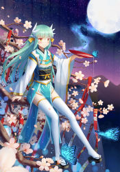 Rule 34 | 1girl, alcohol, aqua hair, blue kimono, blurry, blush, branch, bug, butterfly, cherry blossoms, closed mouth, commentary request, cup, depth of field, fate/grand order, fate (series), floating hair, full body, full moon, glowing butterfly, gradient sky, hair between eyes, hair ornament, highres, horns, in tree, insect, japanese clothes, ji dao ji, kimono, kiyohime (fate), light particles, long hair, long sleeves, looking away, moon, mountain, night, night sky, obi, pelvic curtain, sakazuki, sake, sandals, sash, sitting, sky, smile, solo, spilling, star (sky), starry sky, thighhighs, tree, white thighhighs, wide sleeves, yellow eyes