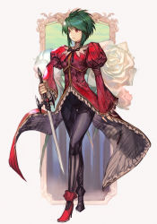 Rule 34 | 1girl, asellus (saga frontier), black pants, coat, coattails, flower, frills, green hair, high heels, holding, holding sword, holding weapon, hungry clicker, juliet sleeves, long sleeves, looking to the side, mirror, pants, puffy sleeves, red eyes, rose, saga, saga frontier, short hair, sidelocks, solo, sword, traditional media, weapon