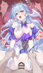 Rule 34 | 1boy, 1girl, absurdres, aqua eyes, bar censor, bare shoulders, blue hair, blush, breasts, censored, daram (shappydude), detached sleeves, earrings, facial mark, gloves, halo, happy sex, head wings, heart, hetero, highres, holding another&#039;s arm, honkai: star rail, honkai (series), jewelry, long hair, medium breasts, missionary, motion lines, nipples, on bed, open mouth, pillow, pov, pussy, pussy juice, robin (honkai: star rail), single earring, spoken heart, sweat, very long hair, white gloves, wings