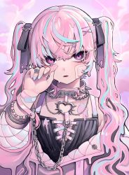 Rule 34 | 1boy, absurdres, bandages, bandaid, blue hair, bow, bracelet, chain, choker, collar, crossdressing, hair ornament, hairclip, heart, highres, jewelry, looking to the side, mino (kirarayakubou), multicolored hair, necklace, original, pale skin, pink hair, purple eyes, ribbon, spiked collar, spikes, trap, twintails, yami kawaii