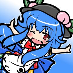 Rule 34 | 1girl, blue hair, blush, bow, eruru (erl), fang, female focus, food, fruit, hat, hinanawi tenshi, leaf, long hair, open mouth, outstretched arms, peach, red eyes, short sleeves, solo, stretching, touhou, very long hair, wink