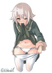 Rule 34 | 10s, 1girl, bad id, bad twitter id, black skirt, blush, cameltoe, closed mouth, clothes lift, clothes pull, cowboy shot, cropped legs, ebifurya, fur trim, gluteal fold, green eyes, highres, inactive account, kantai collection, lifting own clothes, long sleeves, mouth hold, navel, one eye closed, panties, pantyhose, pantyhose pull, pink hair, pleated skirt, pulling own clothes, removing legwear, school uniform, serafuku, shimushu (kancolle), short hair, simple background, skirt, skirt lift, solo, stomach, sweat, twitter username, underwear, white background, white panties, white pantyhose