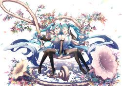 Rule 34 | 2girls, :d, absurdly long hair, aqua eyes, aqua hair, bird, bird on hand, boots, detached sleeves, dual persona, closed eyes, full body, holding hands, hatsune miku, headset, highres, interlocked fingers, long hair, maou (mischief2004), multiple girls, musical note, nail polish, necktie, one eye closed, open mouth, sitting, skirt, smile, thigh boots, thighhighs, twintails, very long hair, vocaloid